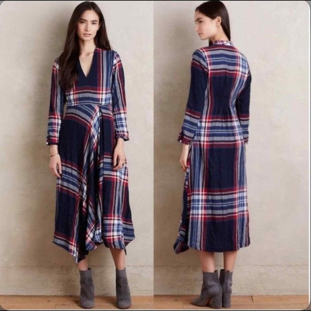 Anthropologie Navy Plaid Maxi Dress with Red and White Accents